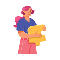Woman Team Member Character Hold Jigsaw Puzzle Vector Illustration