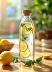 Refreshing Lemon Mint Water in Glass Bottle Sunlight