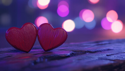 Fototapeta premium 3D Two Red Wooden Hearts on a Rustic Table with Purple and Pink Bokeh Lights – Valentine’s Day Banner with Copy Space