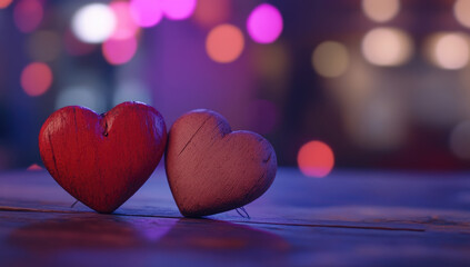 3D Two Red Wooden Hearts on a Rustic Table with Purple and Pink Bokeh Lights – Valentine’s Day Banner with Copy Space