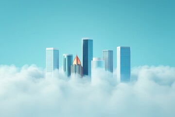 Air pollution pm 2.5 concept. A futuristic skyline emerges from a sea of clouds under a clear blue sky, showcasing modern architecture and a vibrant atmosphere.