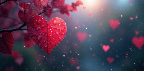 Obraz premium Soft focus windowpane with heart-shaped raindrops, gentle mist, romantic mood, misty, hearts