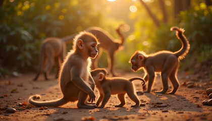 Playful monkey infant interacting with baby animals in a wildlife sanctuary during golden hour