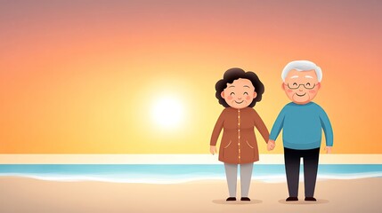 Fototapeta premium Elderly Friendship & Community retirement happiness Elderly Hobbies & Creativity Elderly couple walking on the beach at sunset.