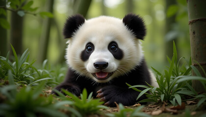Fototapeta premium Adorable panda cub nestled in bamboo leaves with gentle expression in a lush green forest