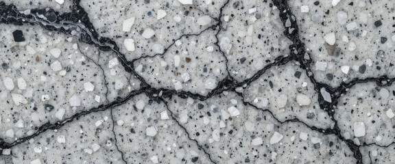 Fototapeta premium Close-up view of textured concrete with cracks and aggregates.