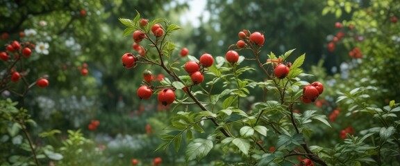 Obraz premium Rosehip sprig in a garden amidst other flowers and foliage , botanical, stem