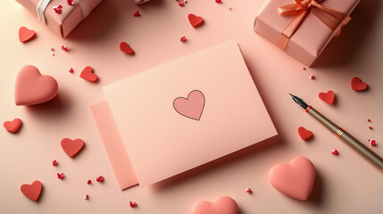 Fototapeta na wymiar A minimalistic flat-lay shot of a handcrafted Valentine card, surrounded by scattered heart-shaped confetti, a pen, and a wrapped gift with soft shadows and a pastel pink background