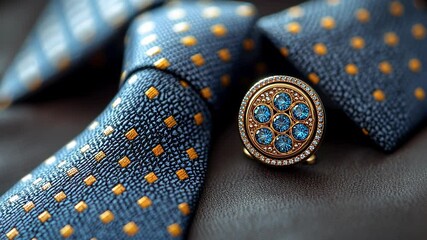 Elegant blue ties with golden accents and a sparkling brooch on leather
