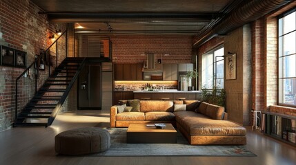 Living room interior in loft, industrial style, 3d render