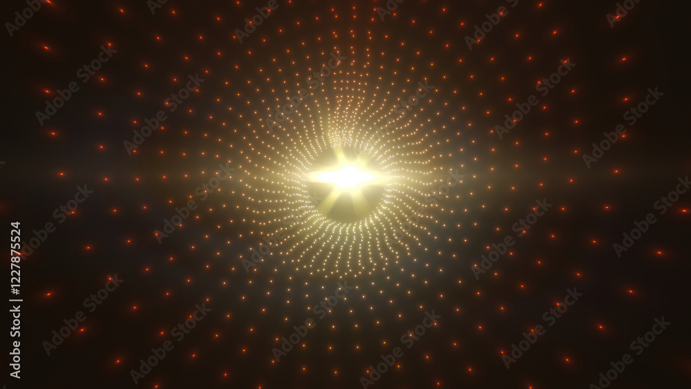 Poster Red and gold digital grid pattern forming a tunnel effect with a radiant light center, representing futuristic and data-driven concepts background