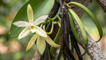 A close-up shot of a vanilla plant showing its delicate