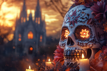 Fototapeta premium Spooky Halloween Night with Glowing Jack-O’-Lanterns, Full Moon, Haunted Graveyard, and Flying Bats in a Chilling Fantasy Horror Scene