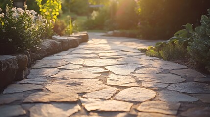 A stone walkway in the garden, illuminated by golden sunlight
