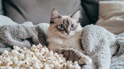 Playful Cat Relaxing on Soft Sofa Surrounded by Popcorn