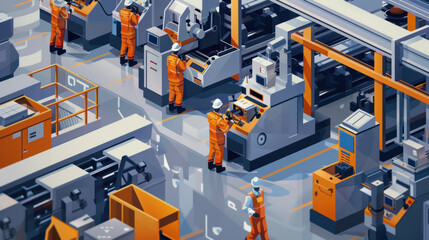 A bustling factory scene with workers operating machinery and overseeing production.