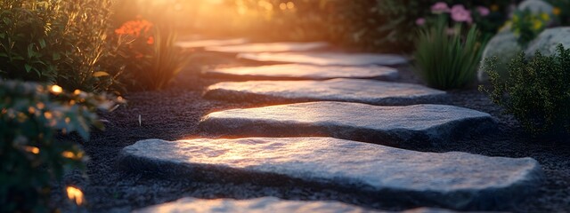 A stone walkway in the garden, illuminated by golden sunlight
