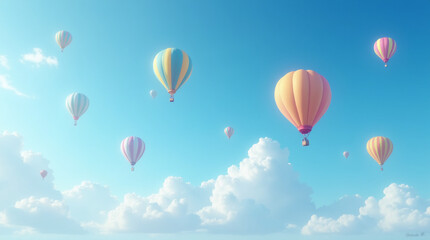 Naklejka premium A bright blue sky with fluffy white clouds and several colorful hot air balloons floating peacefully