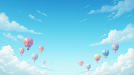 Fototapeta premium A bright blue sky with fluffy white clouds and several colorful hot air balloons floating peacefully