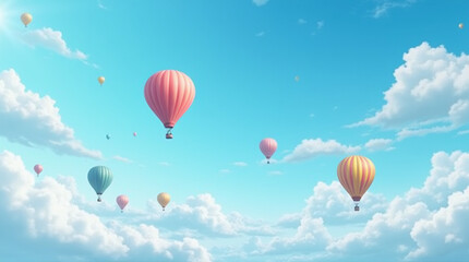 Naklejka premium A bright blue sky with fluffy white clouds and several colorful hot air balloons floating peacefully