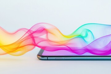 Colorful smoke flows from phone,  white background, digital data concept, website banner
