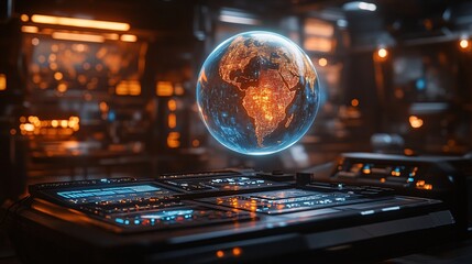 futuristic world map display on high-tech control panel