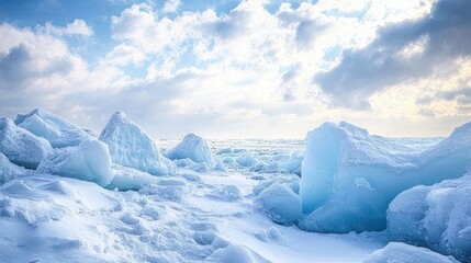 Winter Wonderland:Frozen Lake with Ice Formations Under a Bright Sky