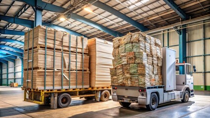 Recycled paper products being unloaded from a truck and stacked onto a shelf in a warehouse, environmental benefits, paper products, sustainable storage, responsible sourcing
