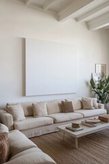 Modern living room interior designed in a minimalist aesthetic with a blank frame for mockup.