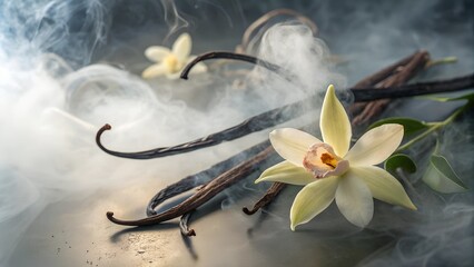 A captivating still-life image of vanilla beans and flowers