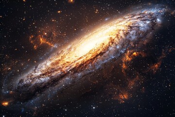 Cosmic scene featuring a luminous spiral galaxy with a dense core and outer sparkling arms