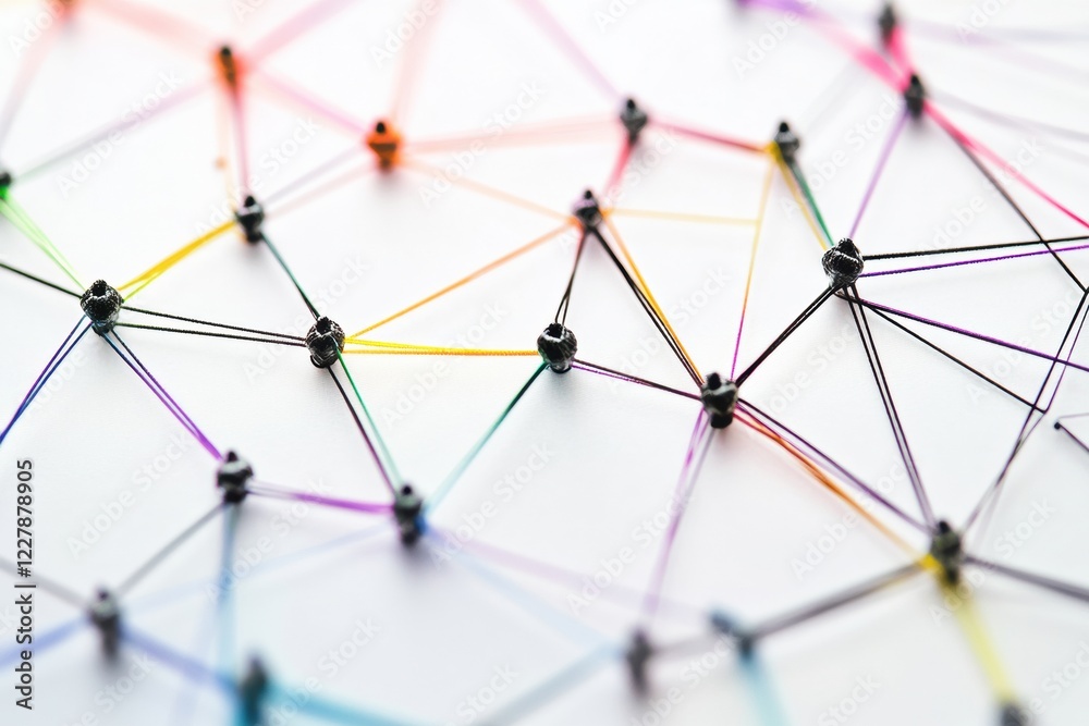 Poster Colorful network of interconnected nodes illustrating technology and communication concepts in abstract art style. Generative AI