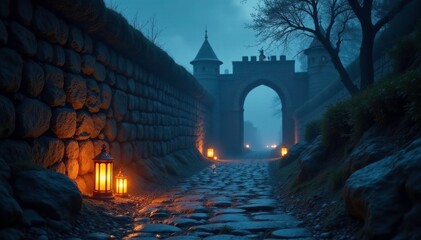 Soft glow of lanterns amidst towering stone walls, mysterious, mystical