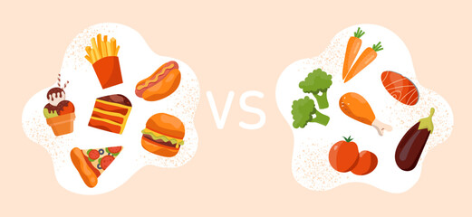 Illustration comparing junk food like burgers and fries with healthy food like vegetables and chicken. Bright colors on a beige background. Concept of diet choice. Vector illustration