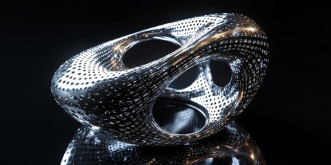 Obraz premium Intricate metallic toroidal sculpture with perforated surface reflecting on glossy black surface