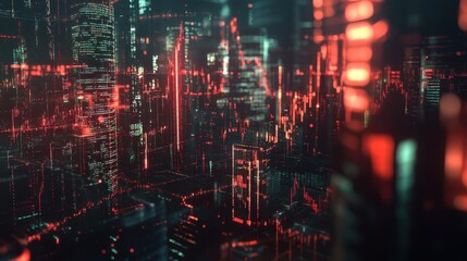 Obraz premium Flowing digital data streams illuminate a futuristic cityscape with vibrant red and teal hues, creating a mesmerizing visualization of information exchange