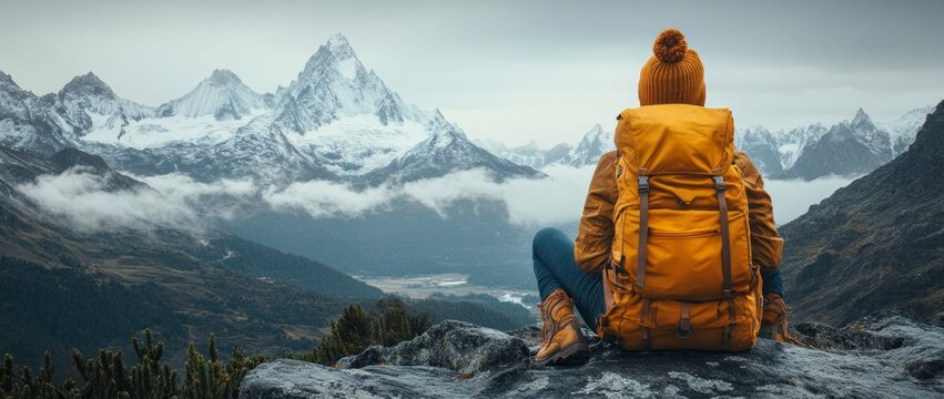 Solo traveler with a yellow backpack admiring snow-capped mountain peaks – adventure, hiking, exploration, and nature travel concept