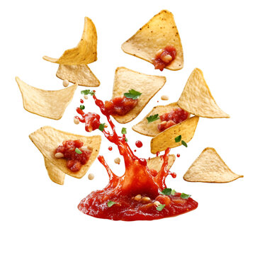 Floating bite-sized tortilla chips with a splash of salsa on white background