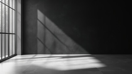 Minimalist black interior with soft natural light and geometric shadows