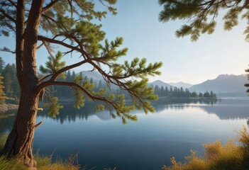 Obraz premium Pine tree branches swaying gently in the wind above the lake , lake, leaf movement
