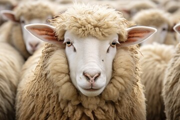 Fototapeta premium Close-up Face of Merino Sheep in Farm. Soft Fur Texture and Calm Expression of this Farm Animal from New Zealand Flock