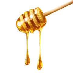 Golden honey drizzle flowing from a wooden dipper on transparent background
