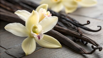 
A close-up shot showcases the delicate beauty of vanilla flowers alongside dried vanilla beans