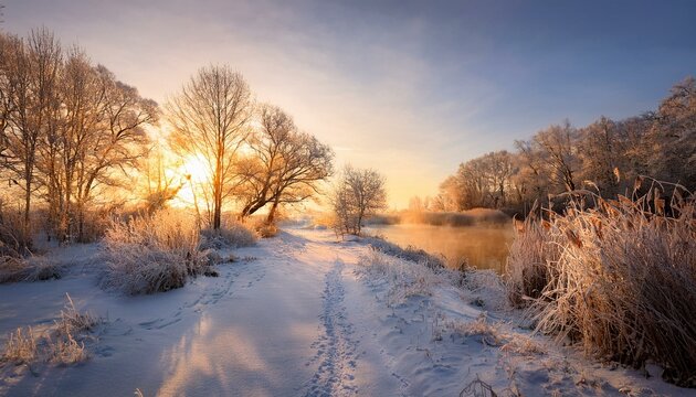 serene winter landscape a frozen river at sunrise snow covered path golden hour light bare trees frosty reeds