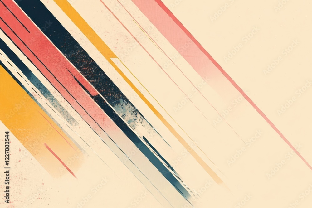 Poster vibrant diagonal lines create dynamic motion in an abstract artwork with muted background tones. gen