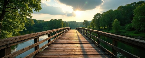 Obraz premium Overcast sky casting dappled shadows on the wooden planks of a rustic high bridge crossing over tranquil Moselle River, moselle, clouds, sky