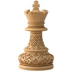 Handcrafted wooden chess piece with intricate carving on transparent background