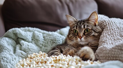 Cat Enjoying a Quiet Moment on Sofa with Popcorn and Cozy Blanket