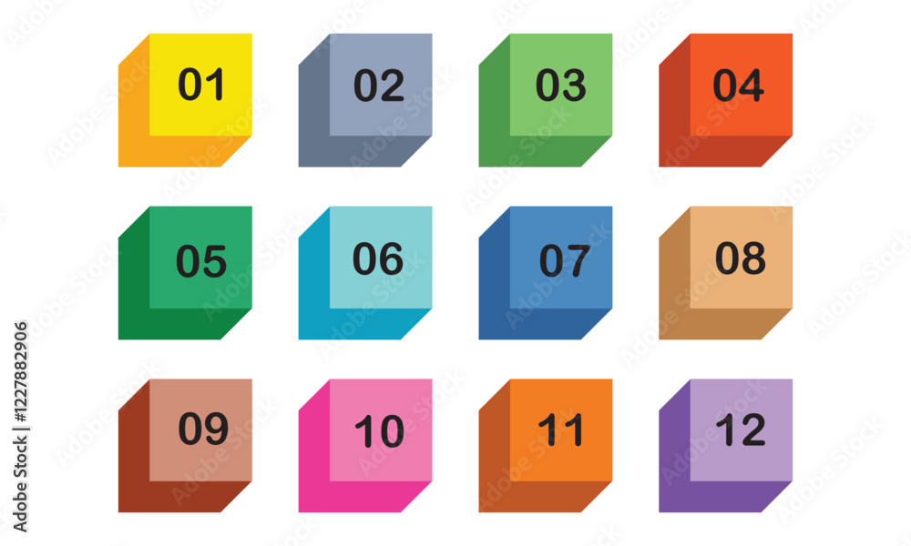Poster number digit icon set. set of colorful square number buttons isolated on white background. markers w