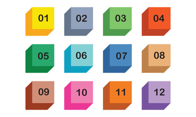 Naklejka premium Number digit icon set. Set of colorful square number buttons isolated on white background. Markers with number 1 to 12. Modern vector illustration.